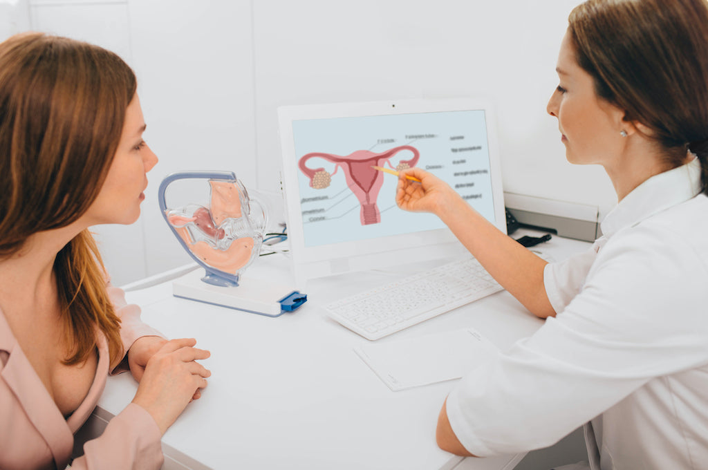 doctor showing her female patient a diagram of a uterus