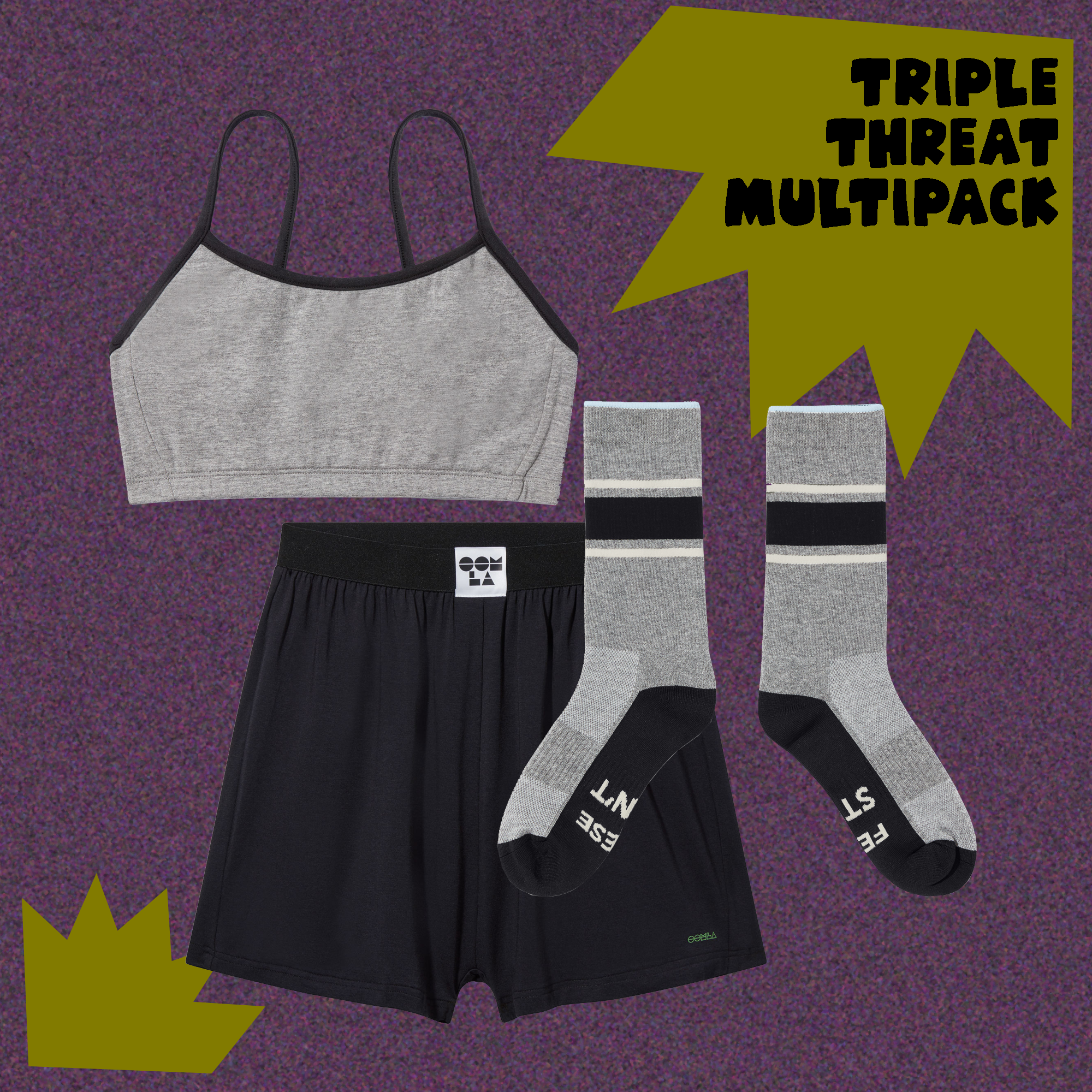 straight triple threat bundle in grey / black (bra + shorts + socks bundle)