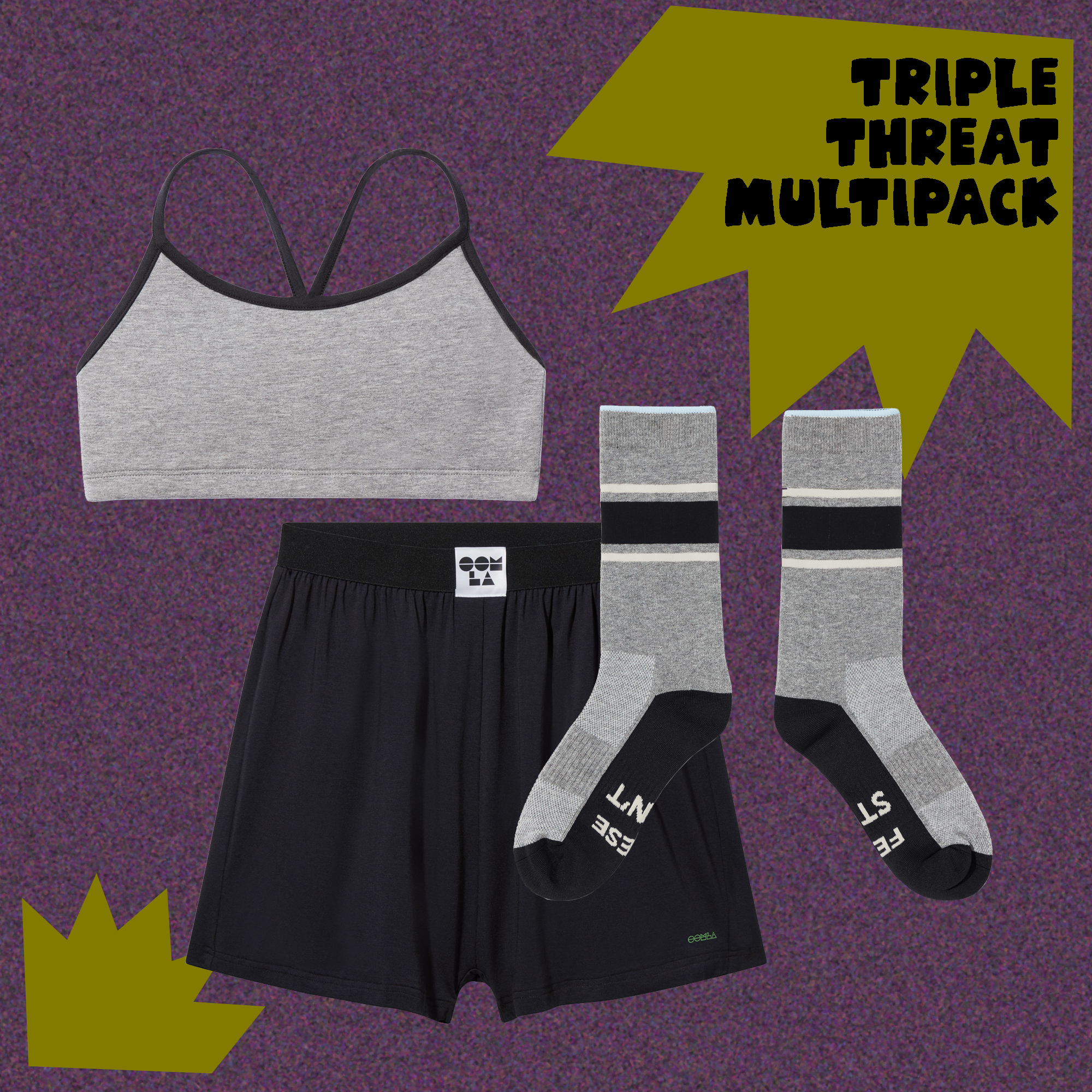 crossed triple threat bundle in grey / black (bra + shorts + socks bundle)
